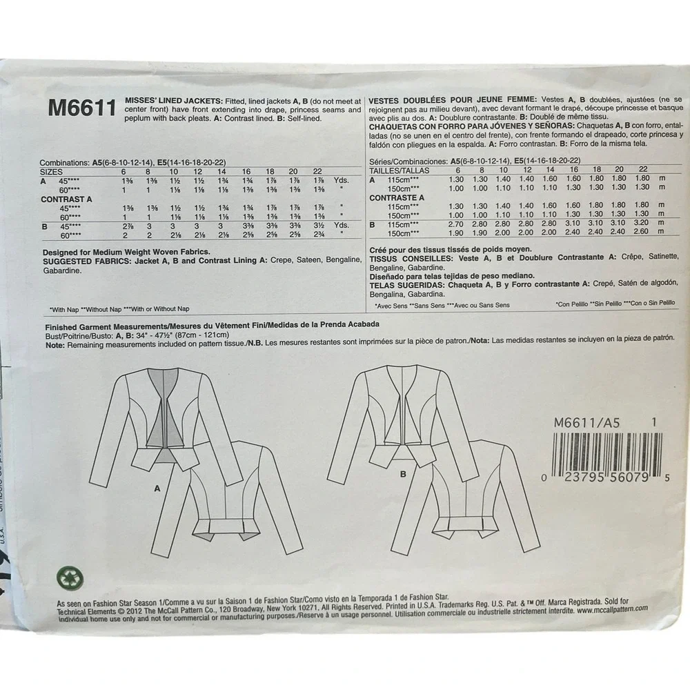 McCALL'S M6611 Misses' Lined Jackets Size 6-14 Fashion Star